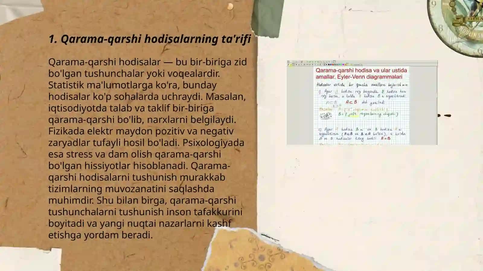 Qarama-qarshi hodisalar. Qarama qarshi hodisalar ustida amallar va ularni Eyler Venn diagrammalarida ifodalash 3
