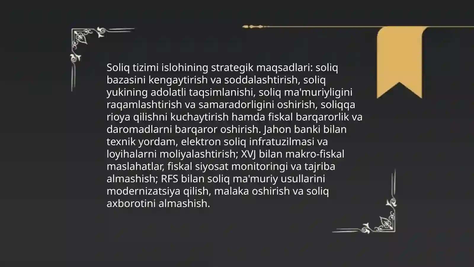 O‘zbekiston Respublikasi Hukumatining soliq tizimi islohi yuzasidan Jahon banki bilan, Xalqaro valyuta jamg‘armasi bilan hamda Rossiya Federatsiyasi Federal soliq xizmati bilan o‘zaro hamkorligining maqsadi, vazifalari va yo‘nalishlari 3