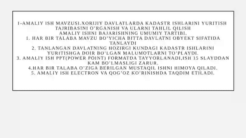 Xorijiy davlatlarda kadastr ishlarini yuritish tajribasini o’rganish va ularni tahlil qilish 3
