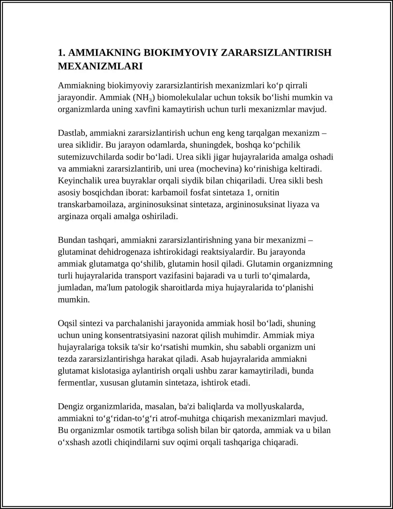 AMMIAKNING ZARARSIZLANTIRISHI.ALOHIDA AMINOKISLOTALAR ALMASHINUVI VA NASLIY KASALLIKLAR 3