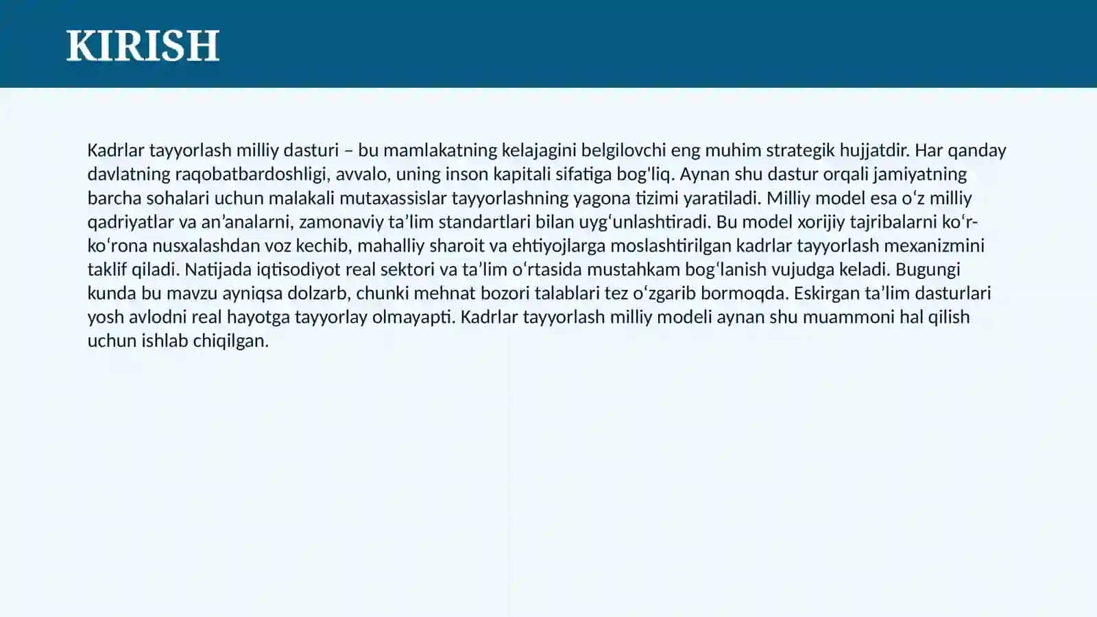 KADRLAR TAYYORLASH MILLIY DASTURI. KADRLAR TAYYORLASH MILLIY MODELI 3