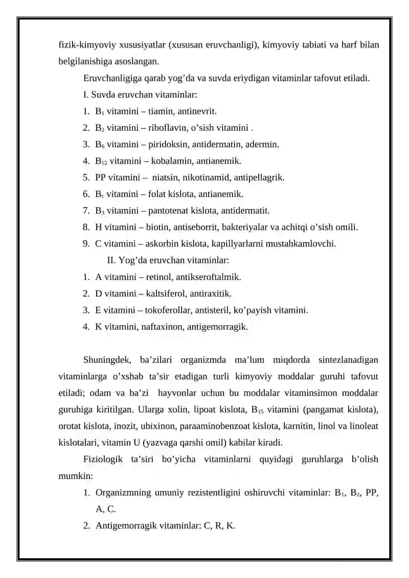 Vitaminlarning metabolizmi va ekskretsionalanishi 3