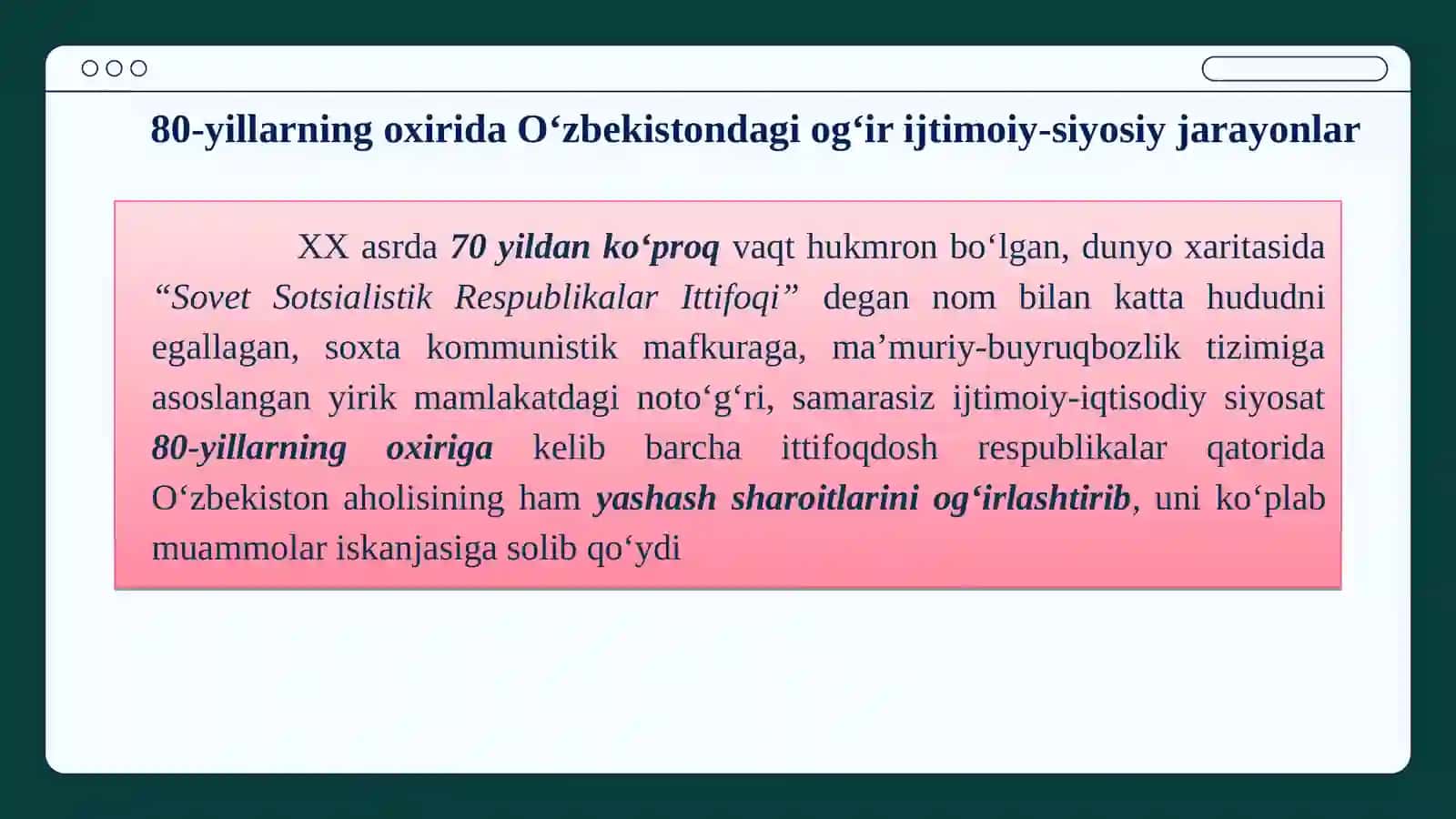 80-yillarning oxirida Оʻzbekistondagi ogʻir ijtimoiy-siyosiy jarayonlar 3