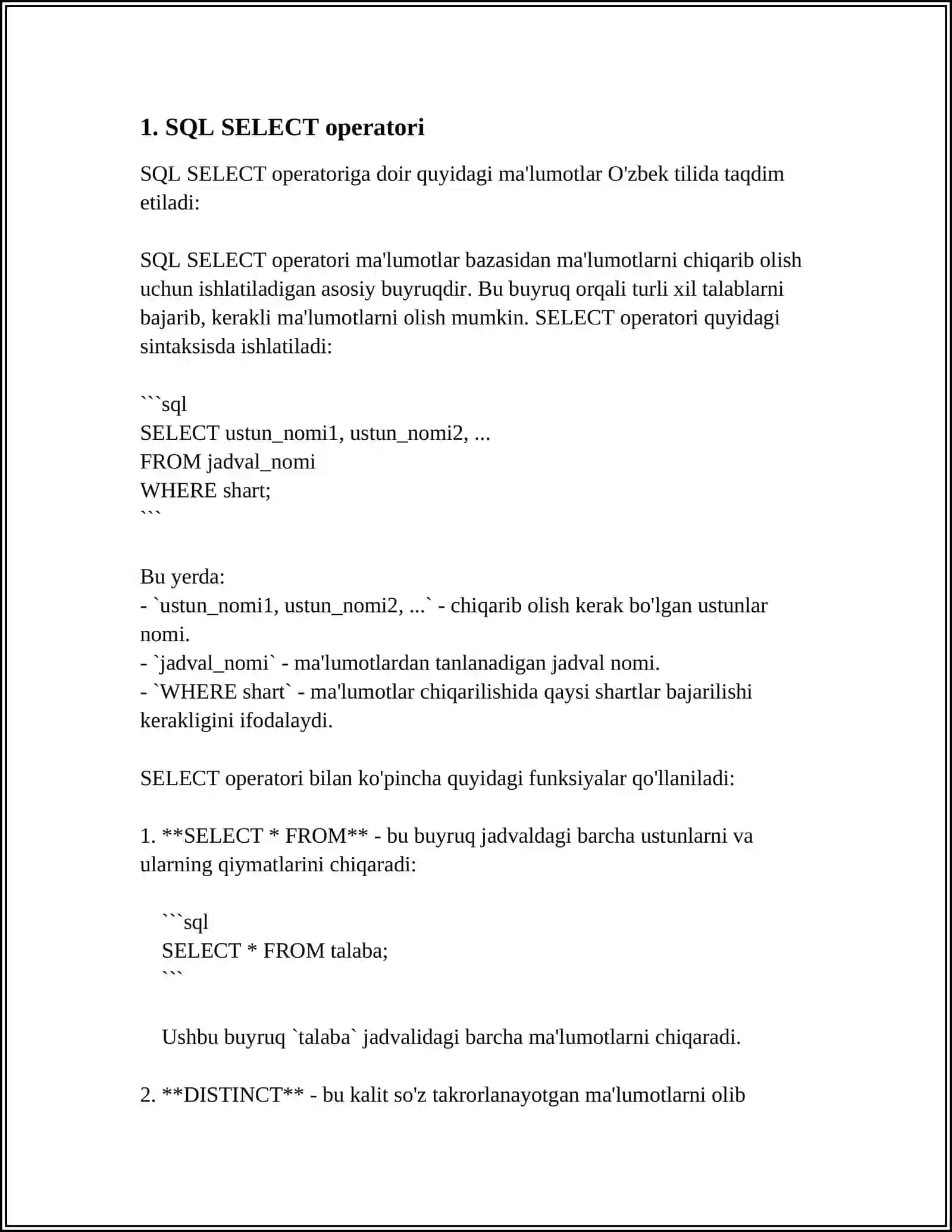 SQL TILIDA TARTIBLASH SO'ROVLARI 3