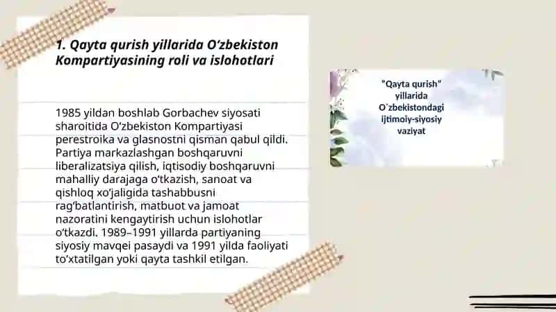 Qayta qurish yillarida O‘zbekistondagi ijtimoiy-siyosiy vaziyat 3