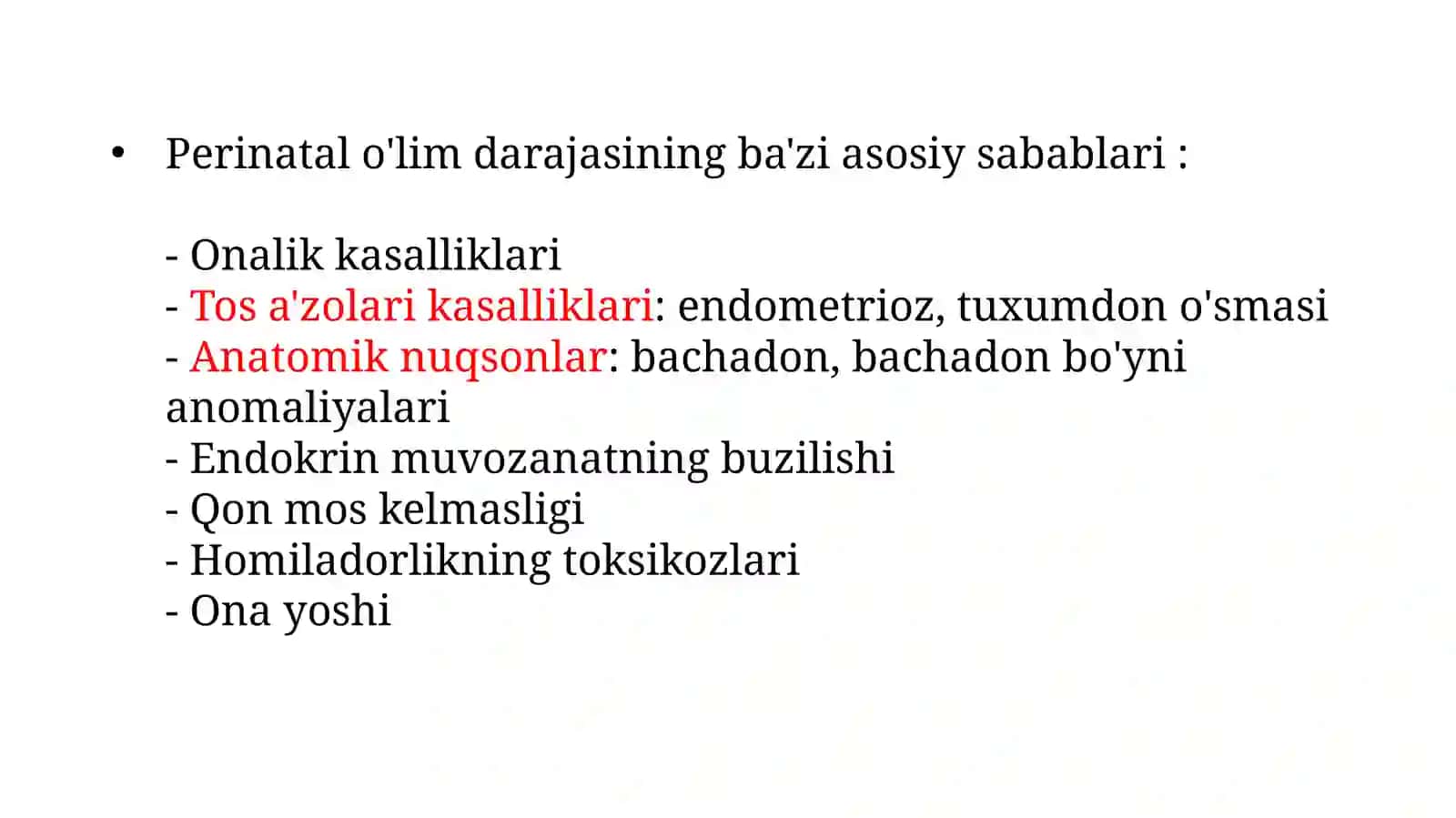 Prenatal, Intranatal va Postnatal o’lim xususiyatlari 3