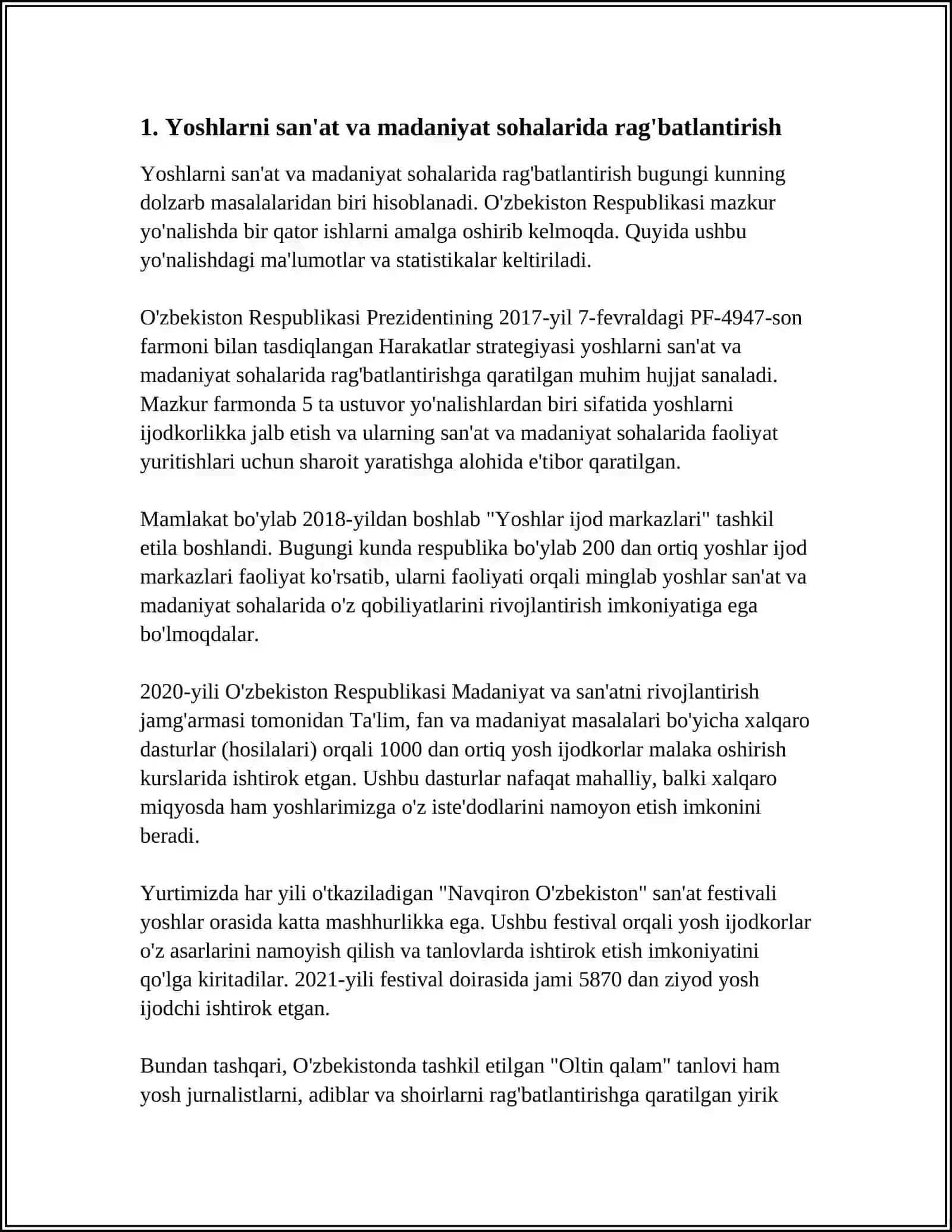O‘ZBEKISTON RESPUBLIKASI PREZIDENTI TOMONIDAN ILGARI SURILGAN BESHTA MUHIM TASHABBUS VA UNING AMALGA TATBIQ ETILISHI 3