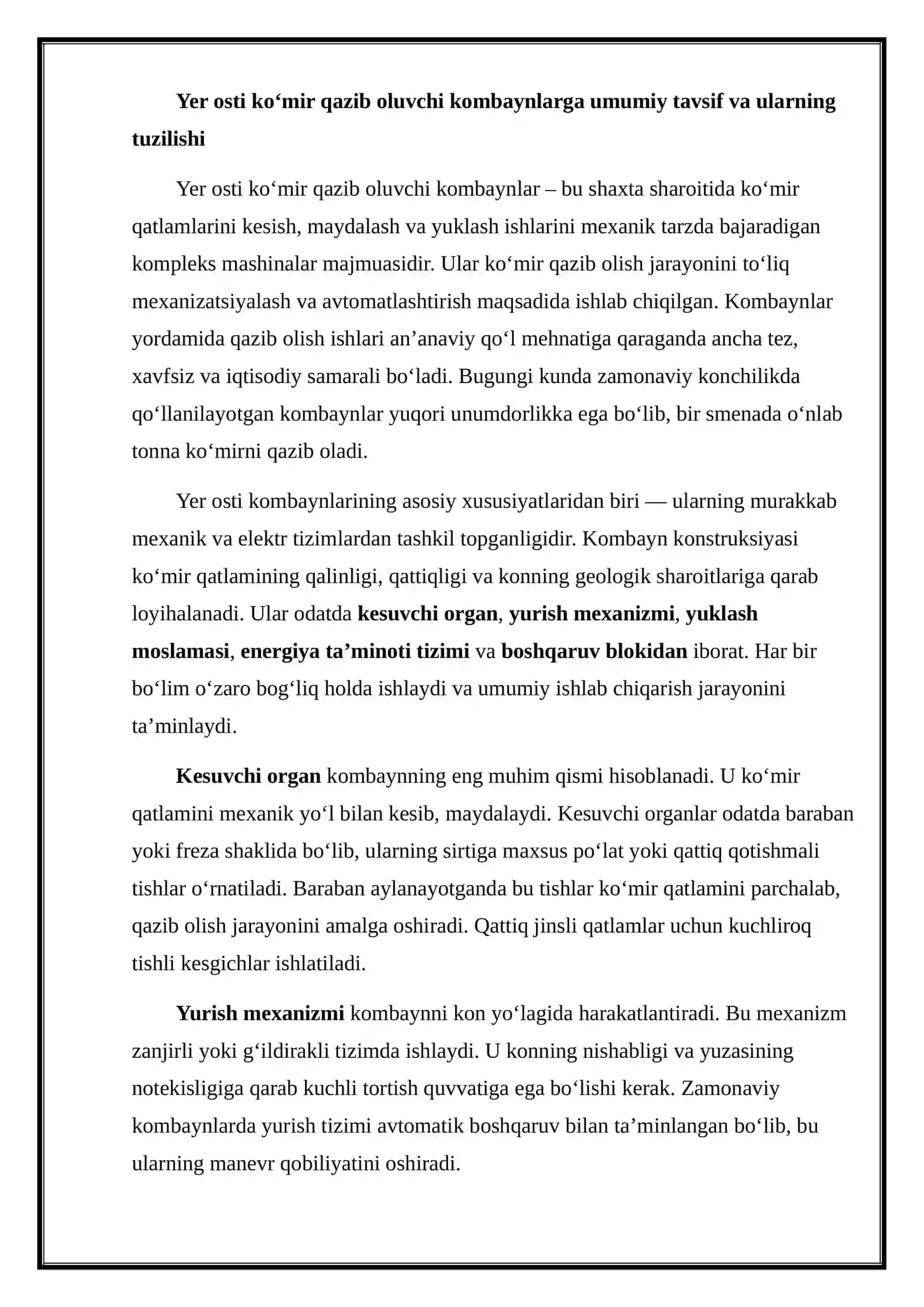 Yer osti ko'mir qazib oluvchi kombaynlari tuzilishi, ishlash prinsipi va ishlatilish ko'lami 3