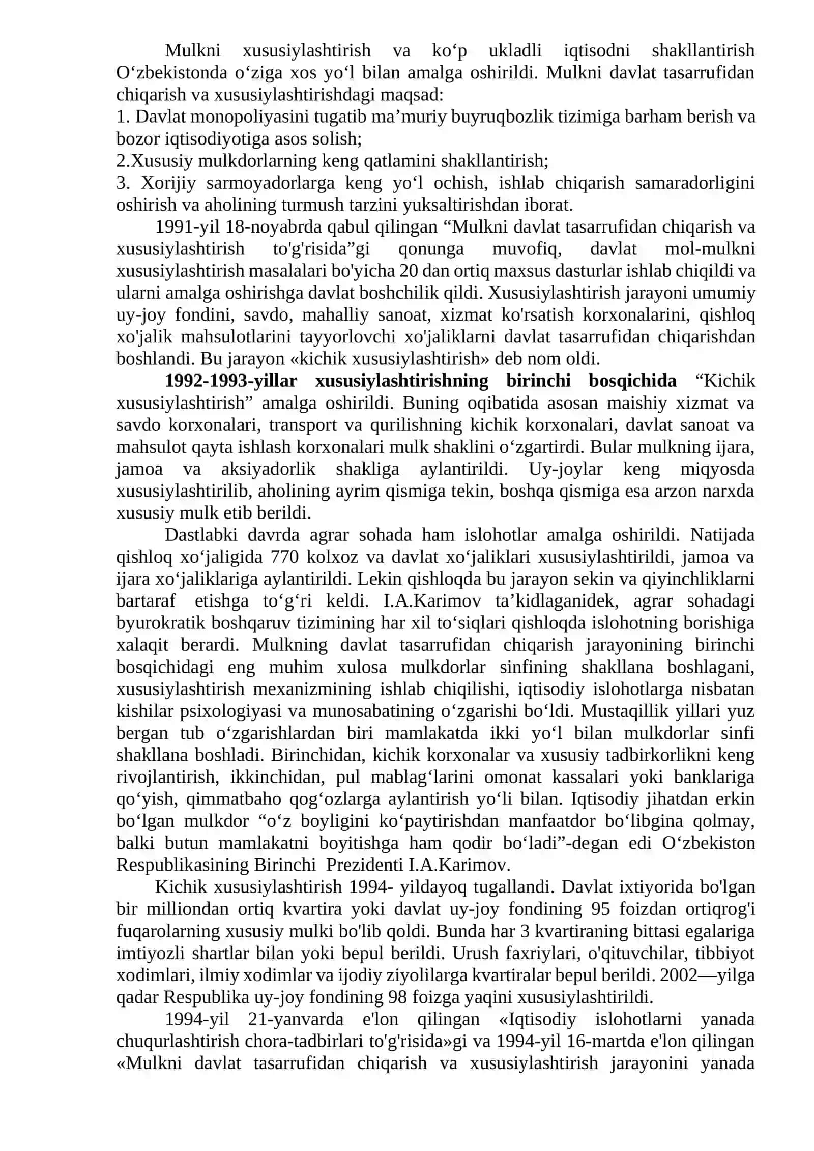 O’zbekistonda iqtisodiy islohotlarning amalga oshirilishi, bozor munosabatlarining shakllanishi 3