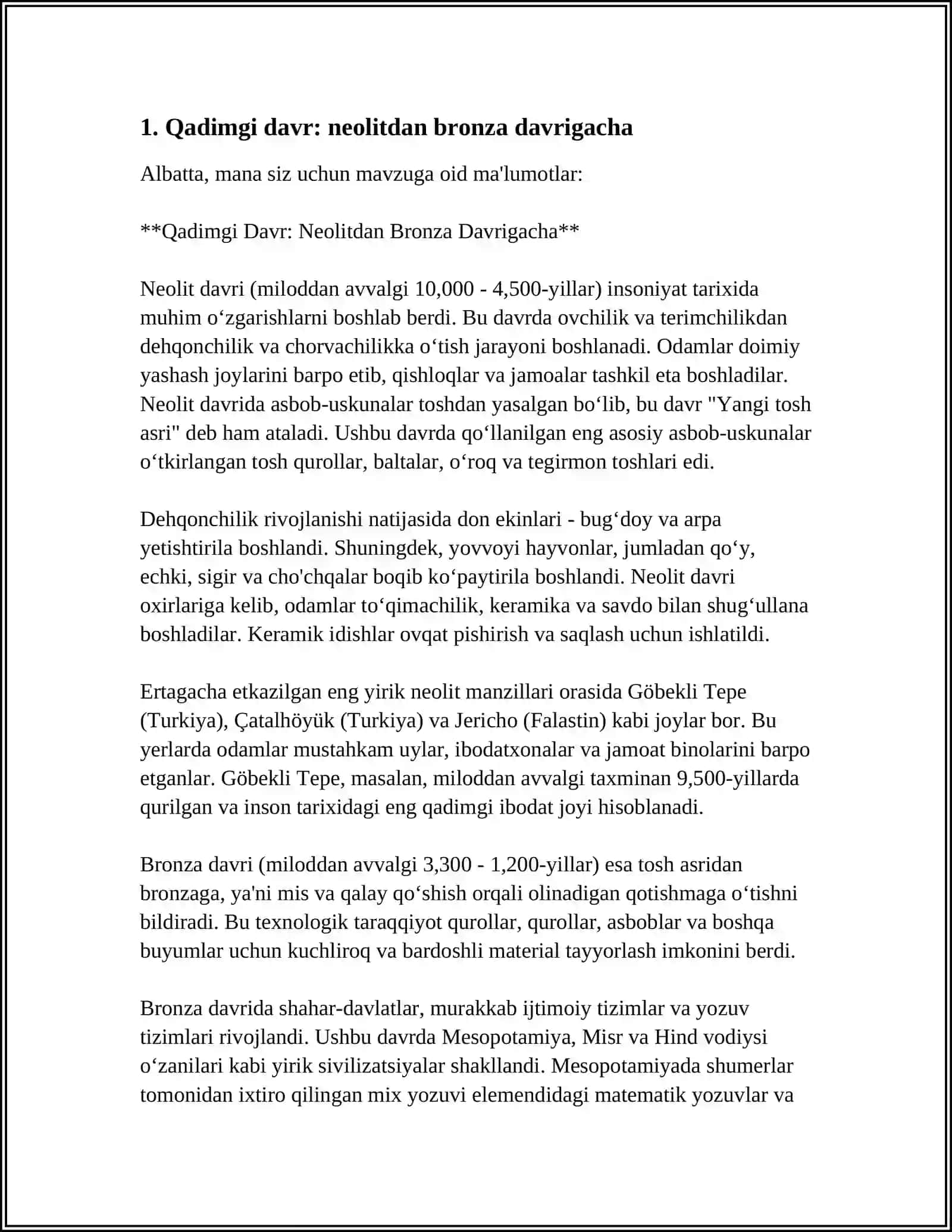 Qadimgi davr: neolitdan bronza davrigacha 3