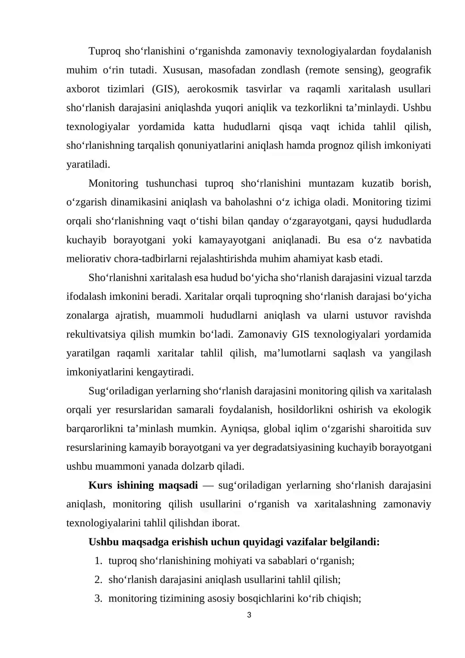 KIRISH I BOB. SUG’ORILADIGAN YERLARDA SHO’RLANISH MUAMMOSI VA UNI MONITORING QILISHNING NAZARIY ASOSLARI 3