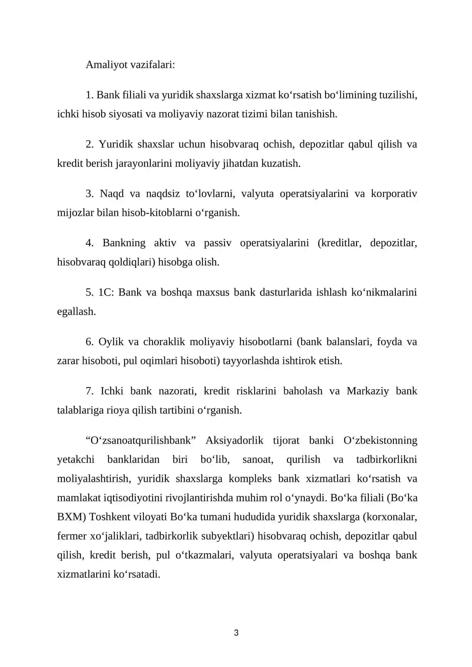 Oʻzsanoat qurilish bank. Bitiruv malakaviy amaliyot hisoboti 3