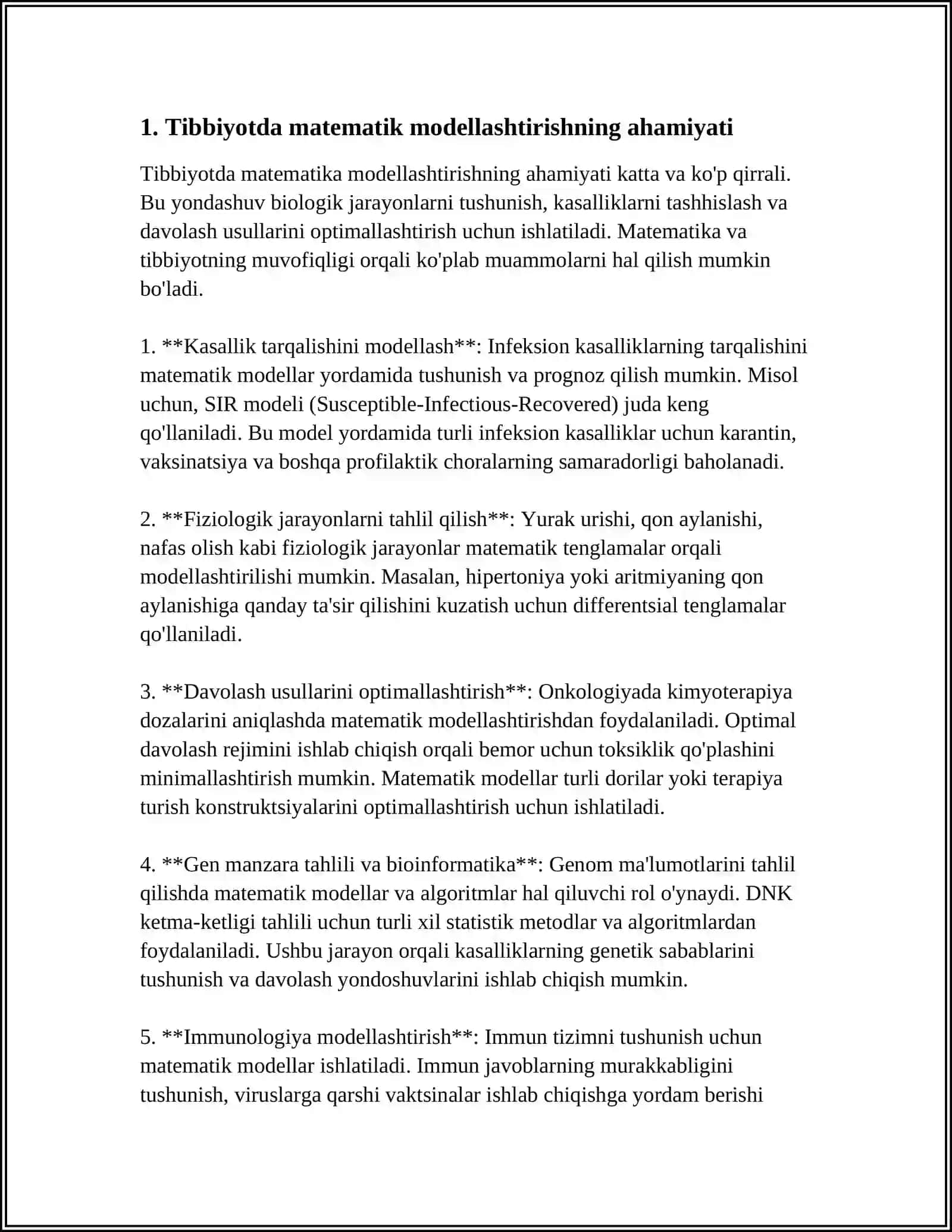 TIBBIYOTDA MATEMATIK MODELLASHTIRISH USUBLARINI OʻRGANISH. FIZIK VA MATEMATIK MODELLASHTIRISH, OLINGAN NATIJALAR ASOSIDA PROGNOZ QILISH 3