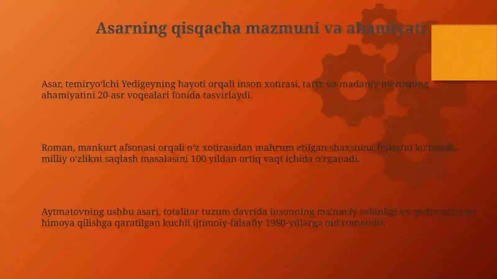 Adabiyot darslarida yozma topshiriqlar Chingiz Aytmatovning Asrga tatigulik kun romani asosida 3