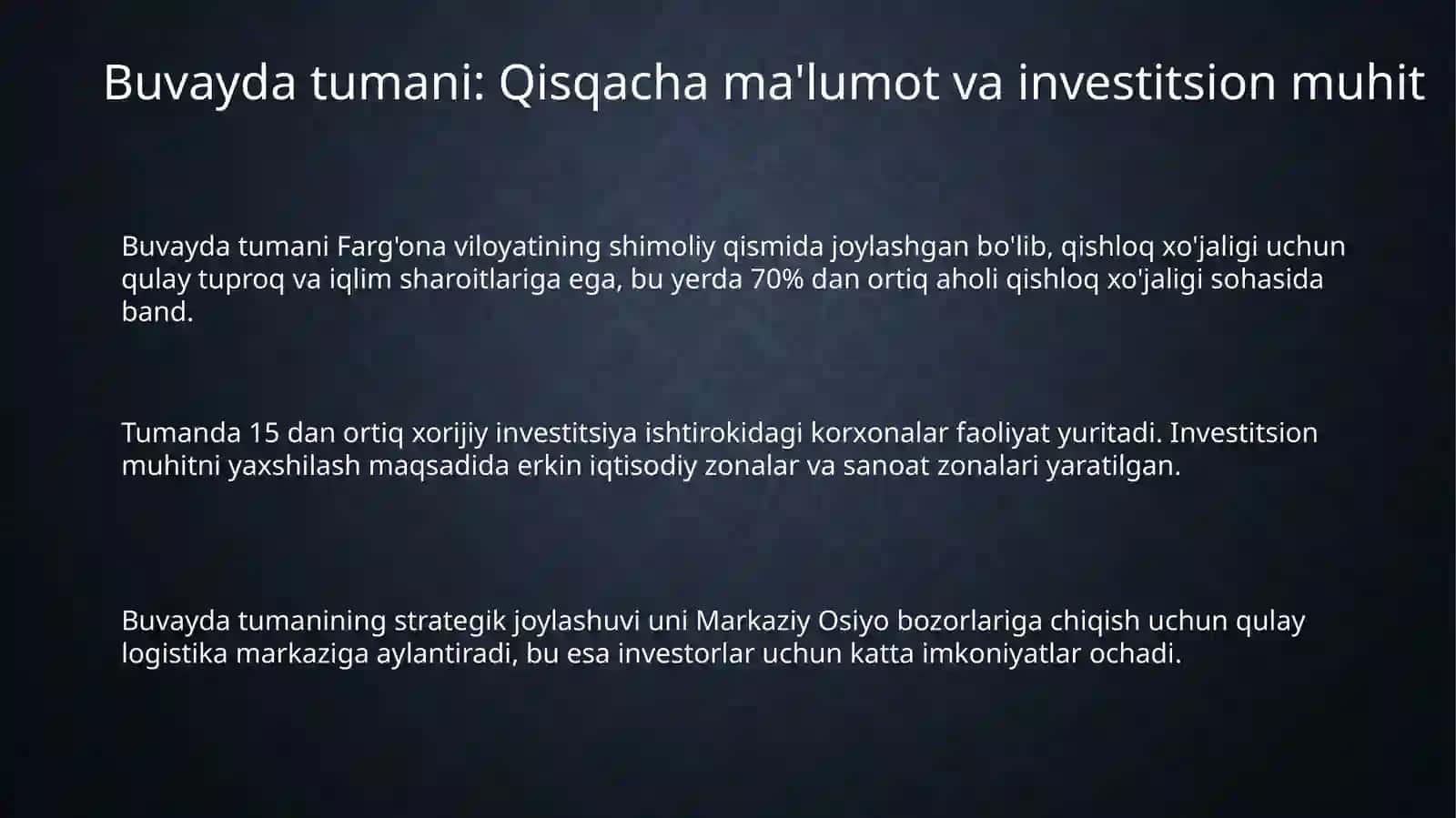 Buvayda Tumani Investitsiyalari 3