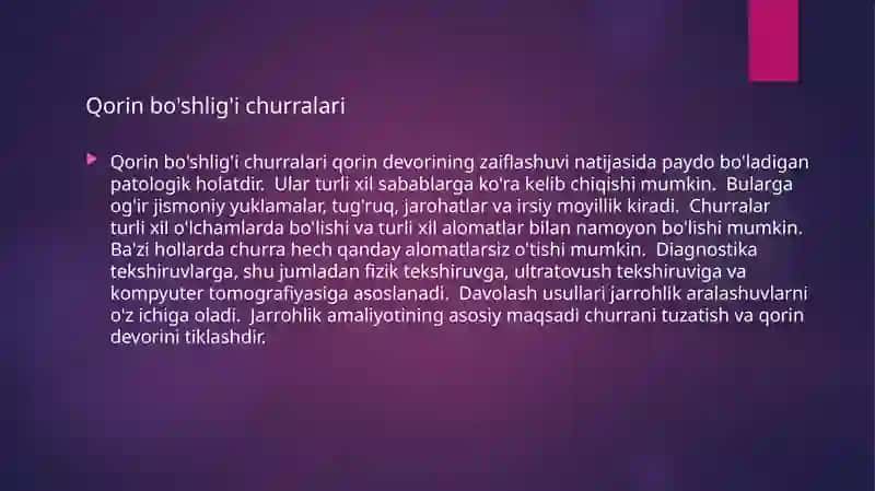 Qorin old-yon devori rivojlanish Qorin bo‘shlig‘i ichki churralari.nuqsonlarida operatsiyalar.Qorinparda bo‘shlig‘ini taftish qilish . Qorin parda bo‘shlig‘i bitishma kasalligi muammosi 3