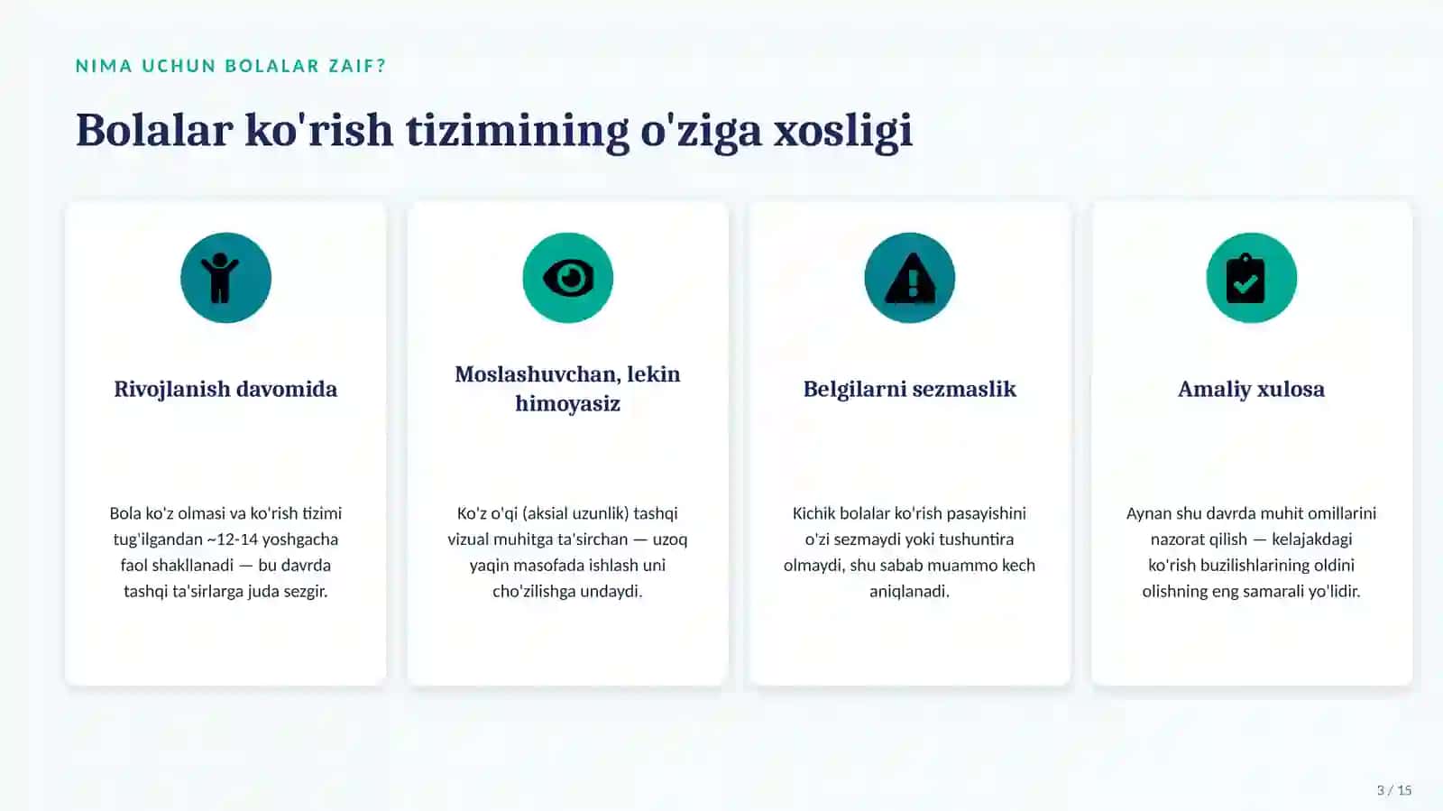 Bolalarda Ko‘rish Buzilishlari: Xavfli Tashqi Muhit Omillari va Profilaktikasi — 15 Slayd 3