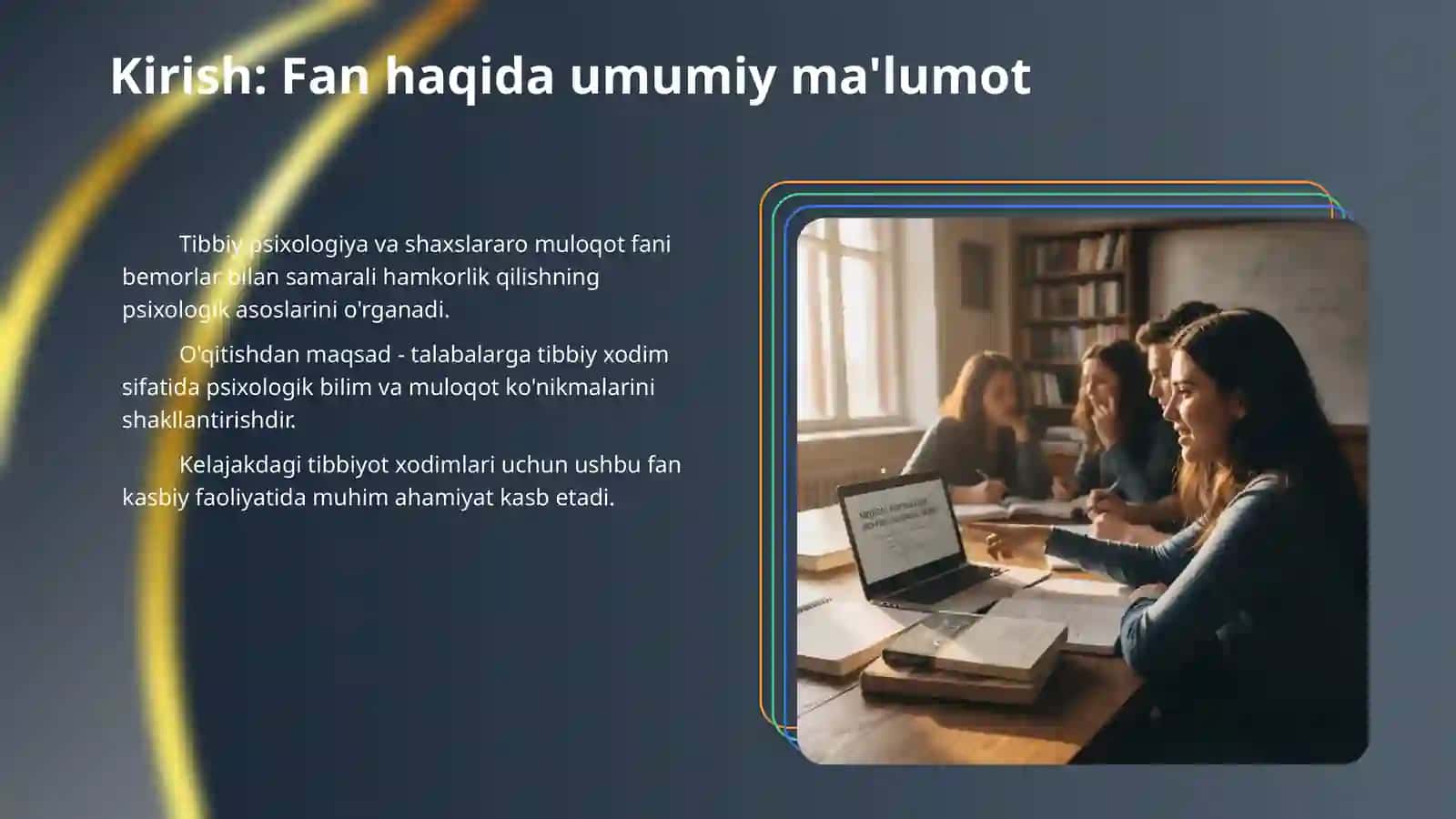 tibbiyot texnikumlarida Tibbiy psixologiya va shaxslararo muloqot fanidan har bir mavzu uchun slayd tayyorlab ber 3