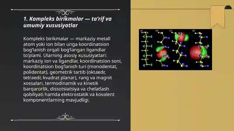 Kompleks birikmalar. Ichki kompleks birikmalar. Biokompleks birikmalar. Kompleksonometriya 3
