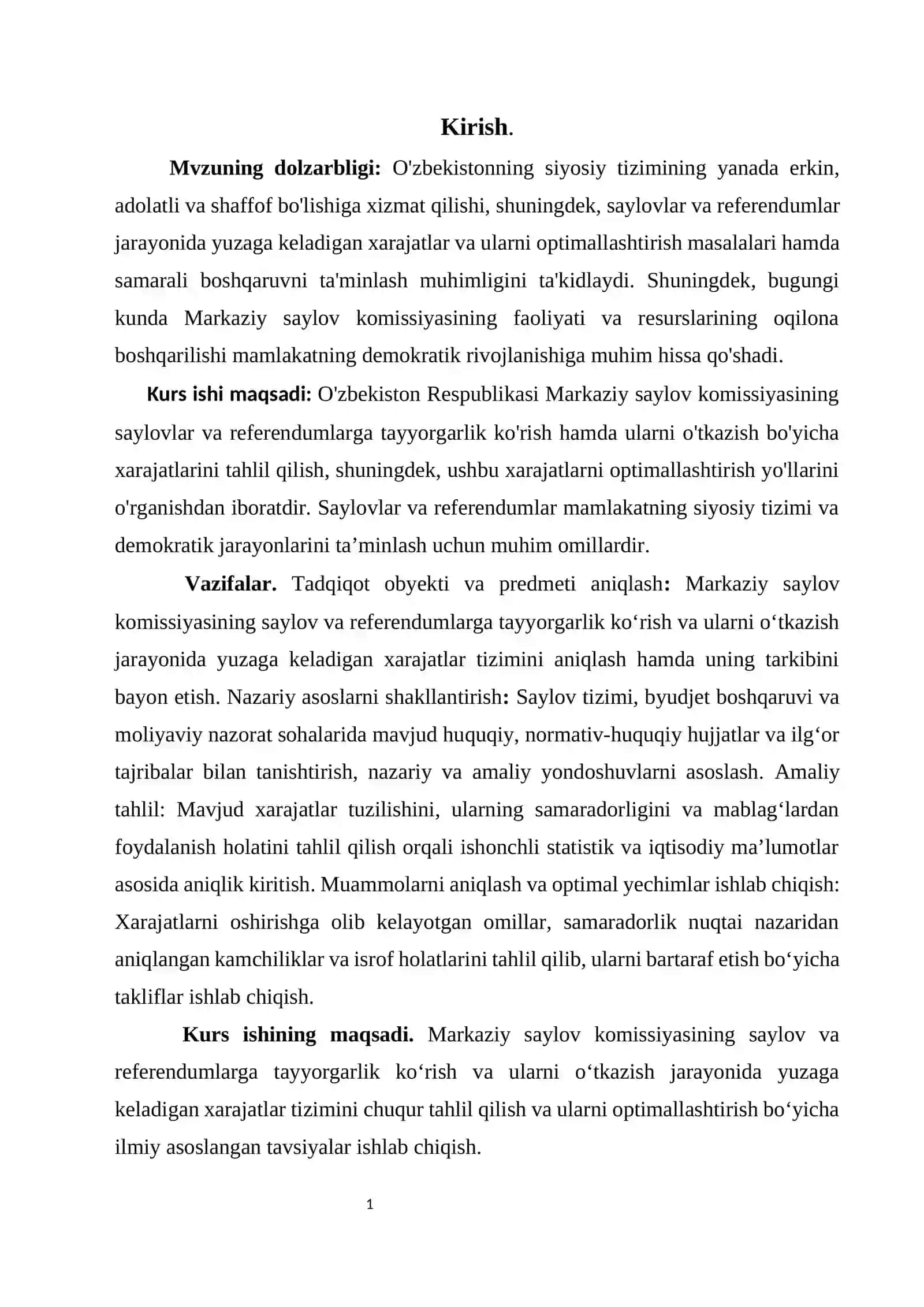 O’zbekiston Respublikasi Markaziy saylov komissiyasining saylovlar va referendumlarga tayyorgarlik ko’rish hamda ularni o’tkazish bo’yicha xarajatlari va ularni optimallashtirish mavzusida kurs ishi 3