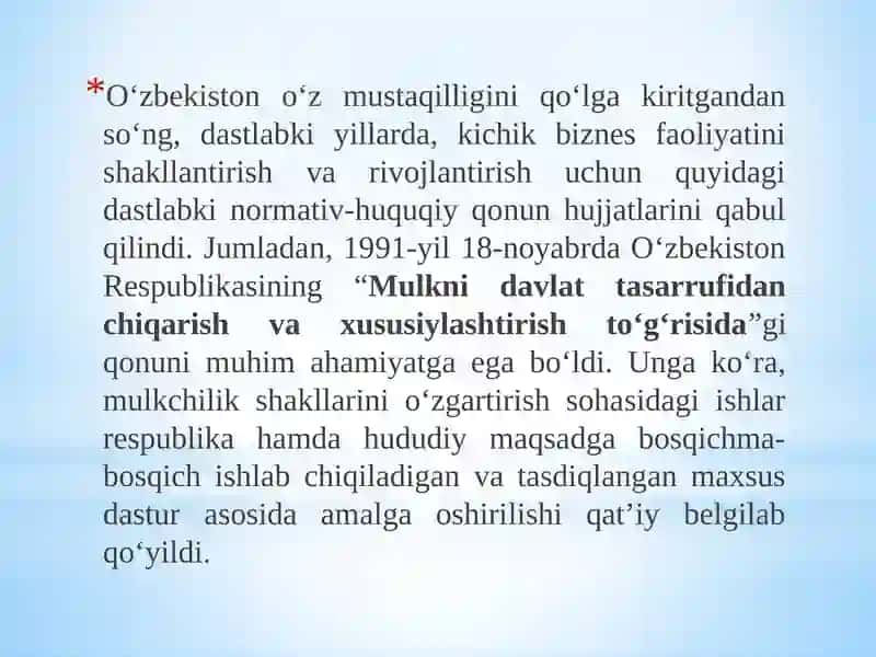 : Iqtisodiy islohotlar, xususiy mulkchilikning shakllanishi. O‘zbekistonda bozor munosabatlarining rivojlanishi 3