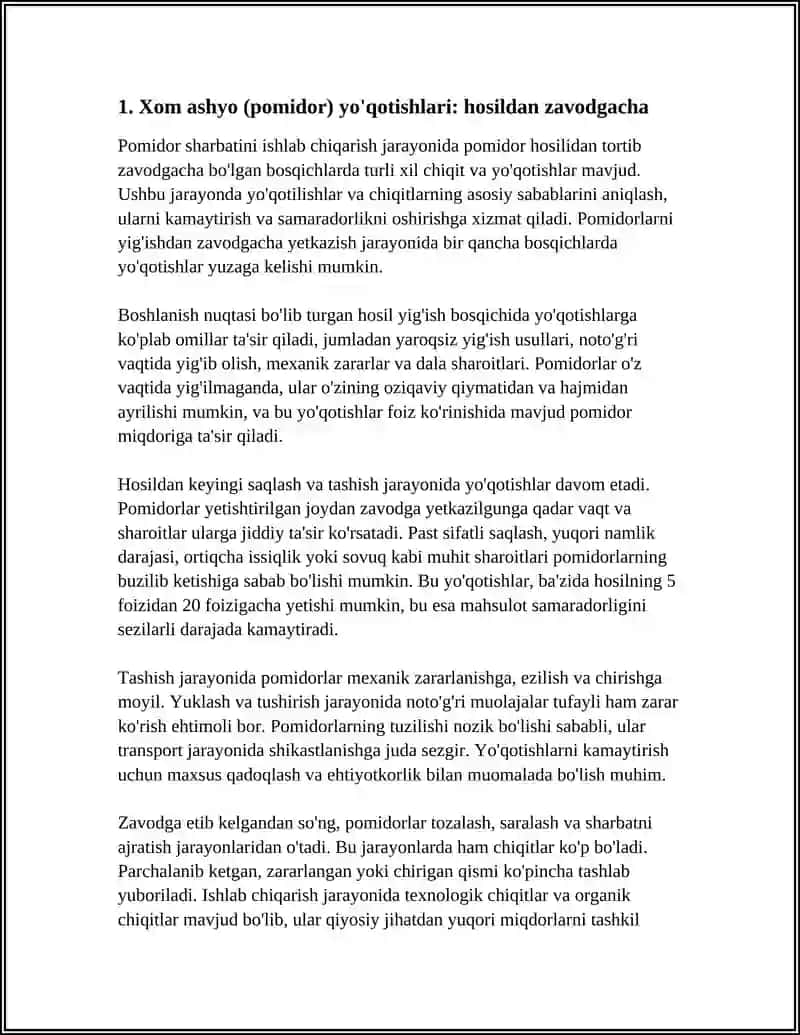 POMIDOR SHARBATI ISHLAB CHIQARISHDA CHIQIT VA YO'QOTISHLAR 3