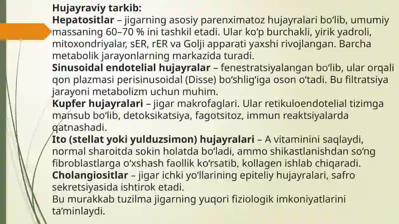 Jigarning regenator va kompensator xususiyati. Jigarning perisinusoidal bo'shliqlari hujayralarning morfofunksional xususiyatlari. 3