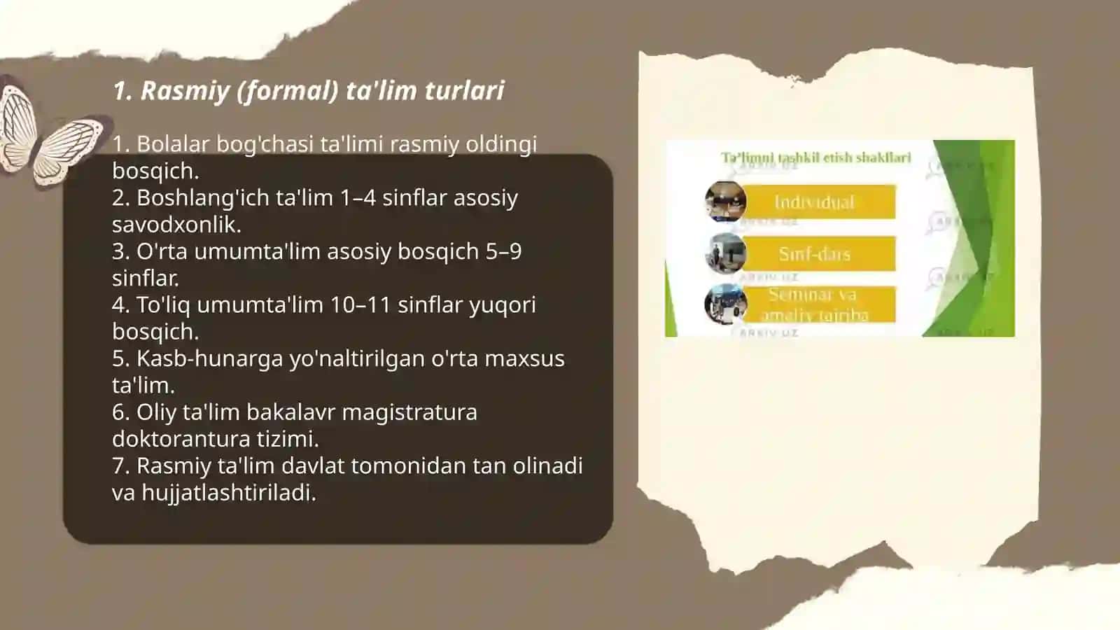 Ta'lim turlari va ta'lim tashkil etish shakllari.Dars-ta'lim tashkil etishning asosiy shakillari 3