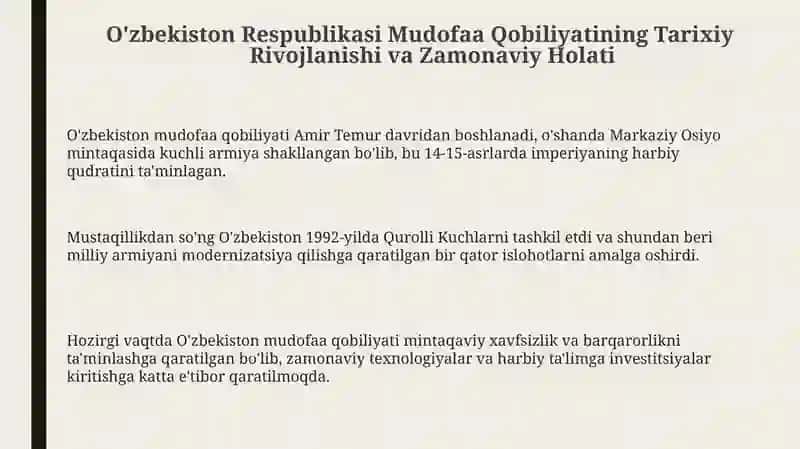 O'zbekiston Respublikasi Mudofaa Qobiliyatining Tarixiy Rivojlanishi va Zamonaviy Holati 3