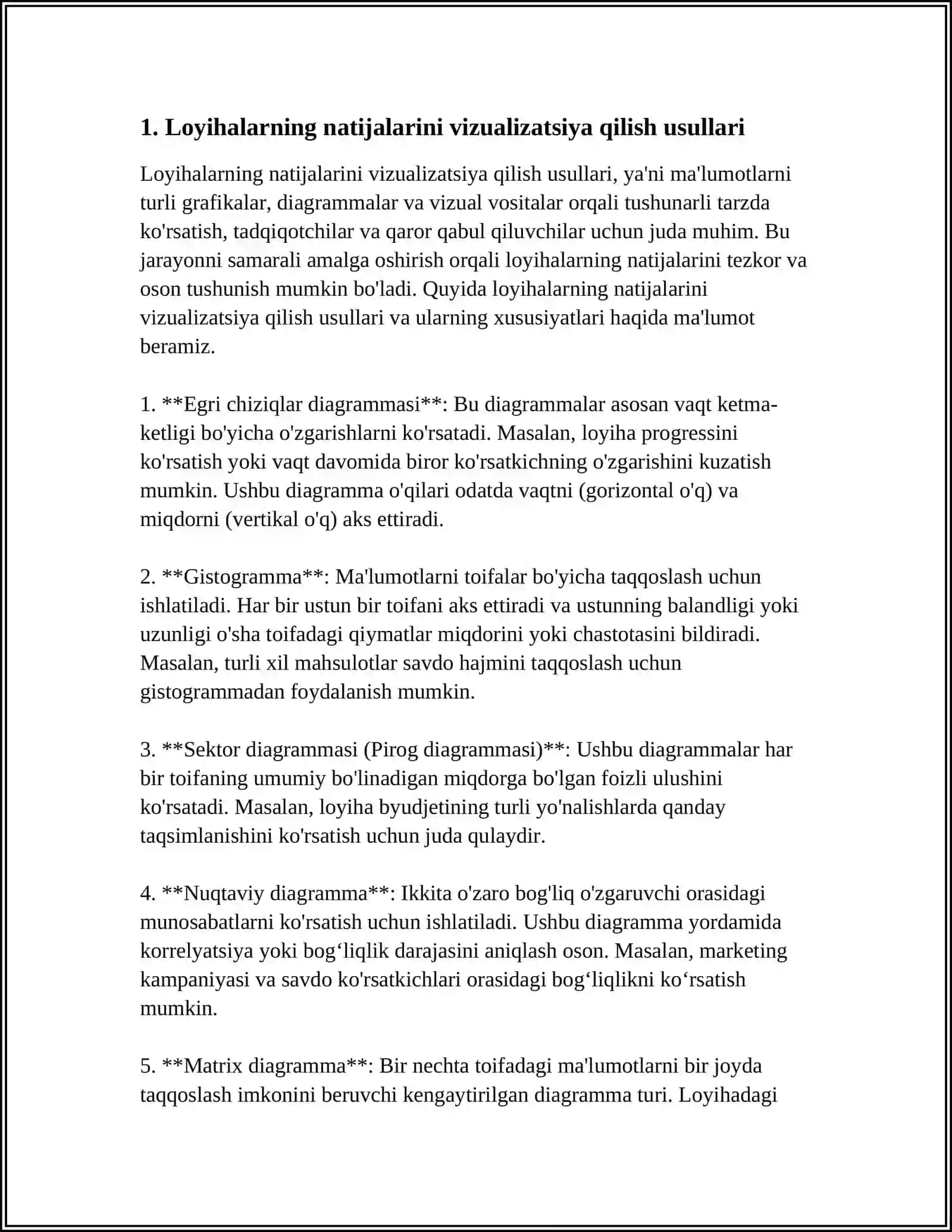 Mavzu: LOYHA ISHLARINING NATIJALARINI DIAGRAMMA VA GRAFIKLARDA KO'RSTISH VA XULOSALASH BO'YICHA METODIKA 3