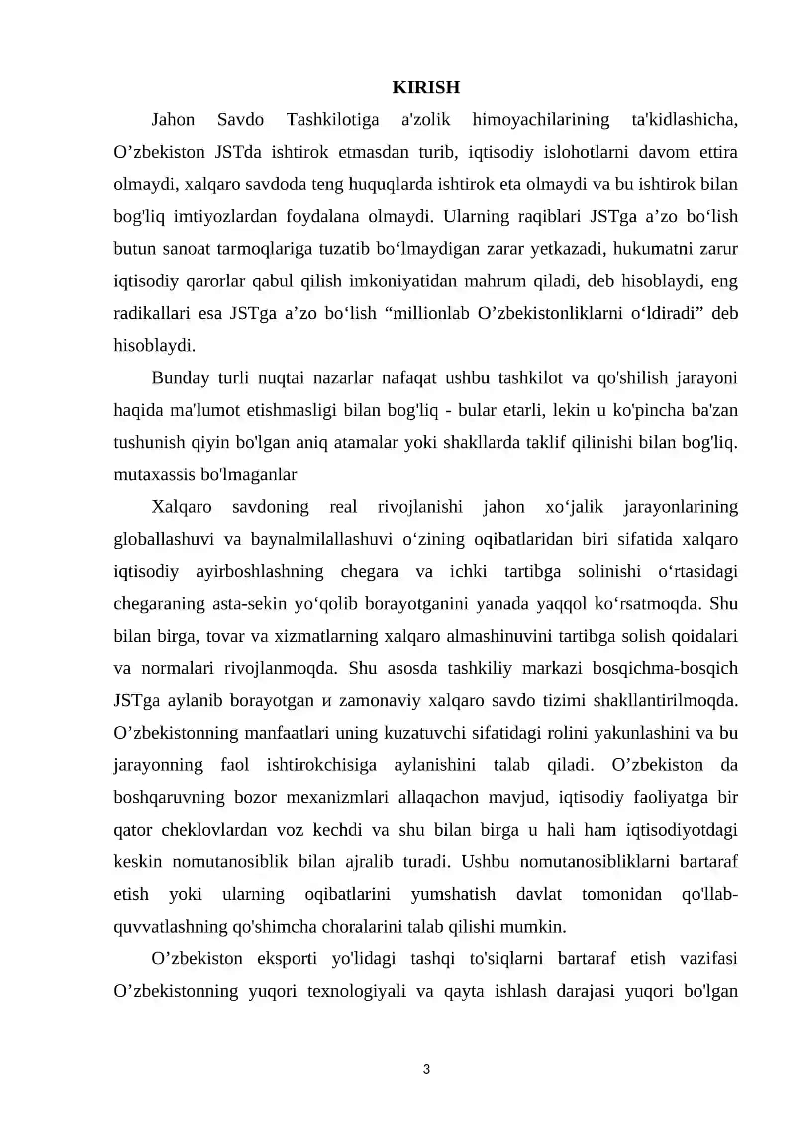 O'ZBEKISTON RESPUBLIKASINING BUTUN JAHON SAVDO TASHKILOTIGA A'ZO BO'LIB KIRISH MASALALARI 3
