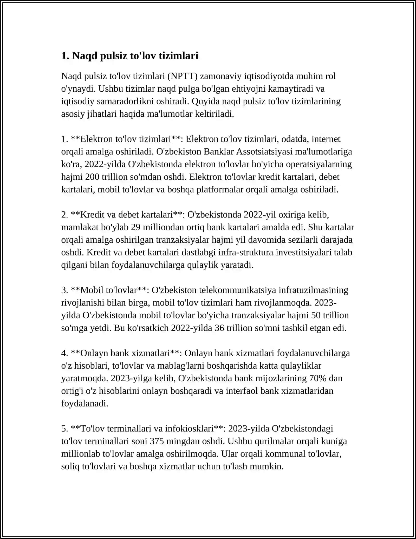 TO'LOV VOSITALARINING TURLARI. NAQD PULSIZ PUL VA TO'LOVLAR 3