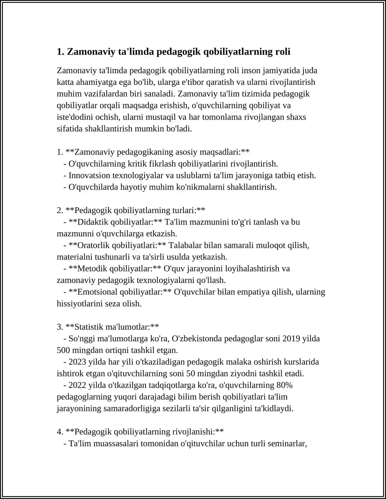 REFERAT: HOZIRGI KUNDAO'QITUVCHILAR PEDAGOGIK QOBILIYATINI SHAKLLANTIRISH IMKONIYATLARI 3