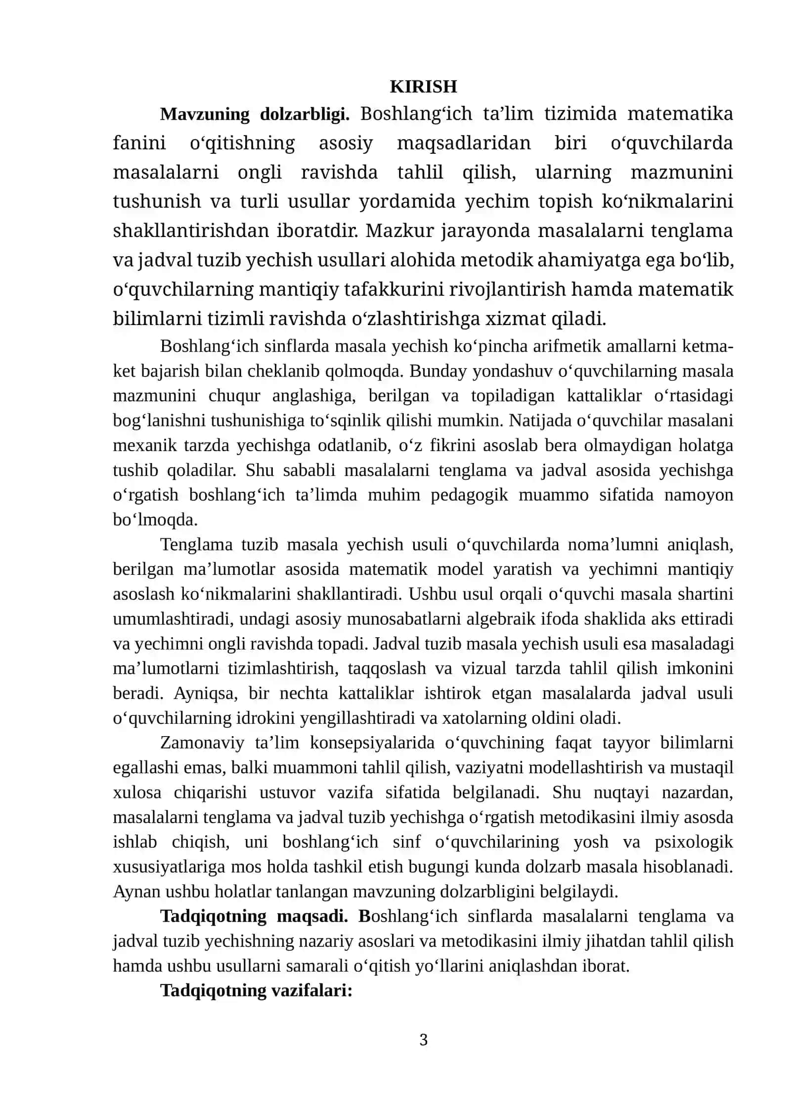BOSHLANG‘ICH SINFLARDA MASALALARNI TENGLAMA VA JADVAL TUZIB YECHISHGA O‘RGATISH METODIKASI 3