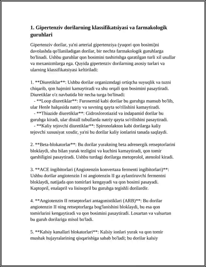 Gipertenziv Dorilarning Klassifikatsiyasi va Farmakologik Guruhlari 3