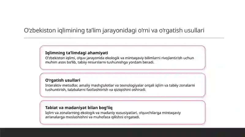 Oʻzbekiston iqlimi va tabiat zonalari xaqida dars oʻtish usullari 3