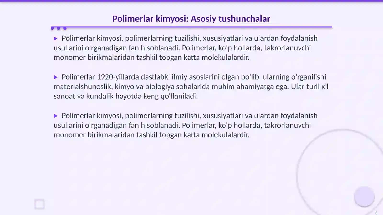 Polimerlar kimyosi fani. Polimer va ularning oʻziga xos-xususiyatlari 3