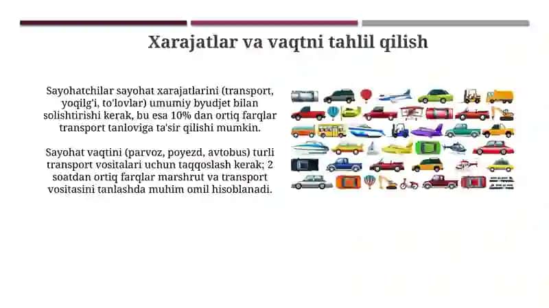 Turizmda transport turlarini baholash yo'llari 3