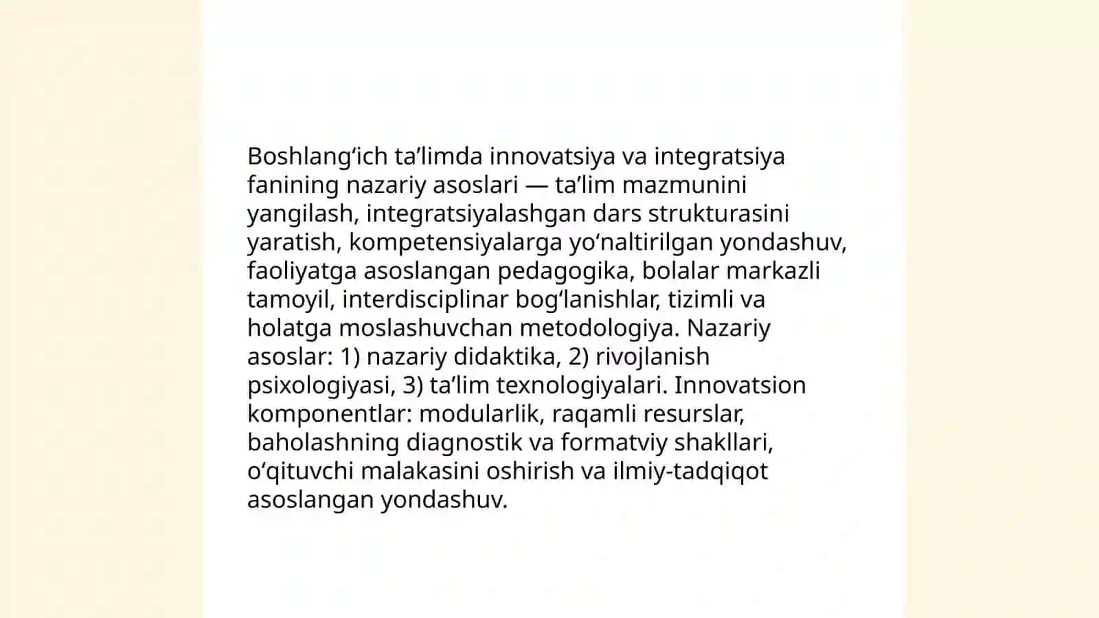 Boshlangʻich taʼlimda innovatsiya va integratsiya fanining mazmuni, predmeti,metadologiyasi 3