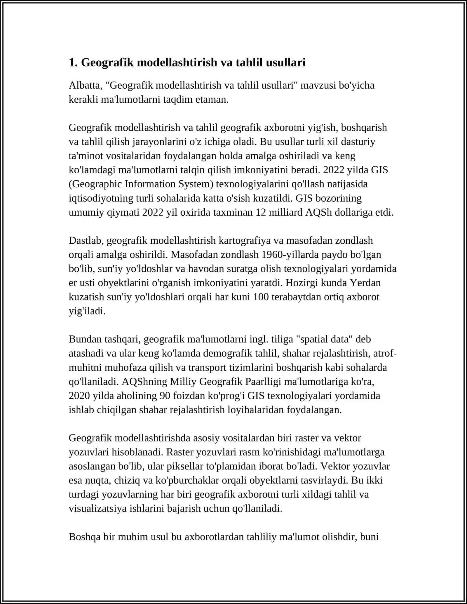 Geografik modellashtirish va tahlil usullari 3