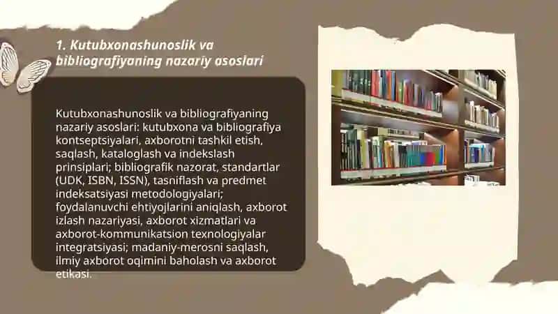 Kutubxonashunoslik, kutubxonachilik -bibliografiya va boshqa axborot predmetlarining oʻzaro aloqadorligi 3
