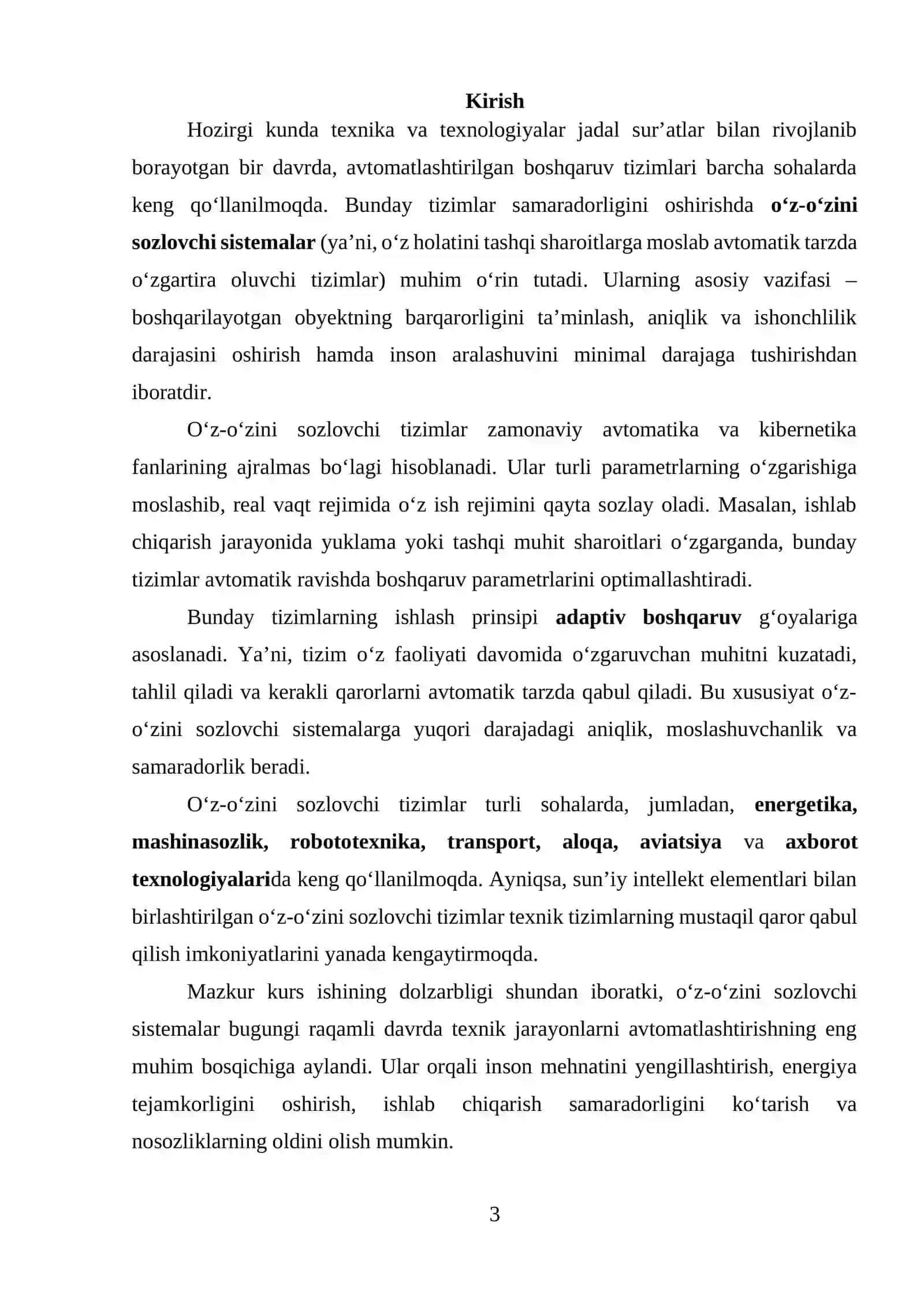 O‘z-o‘zini sozlovchi sistemalarning nazariy asoslari va amaliy tatbiqlari 3