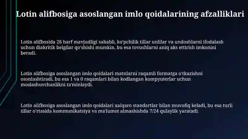 Lotin alifbosiga asoslangan imlo qoidalarining afzalligi 3