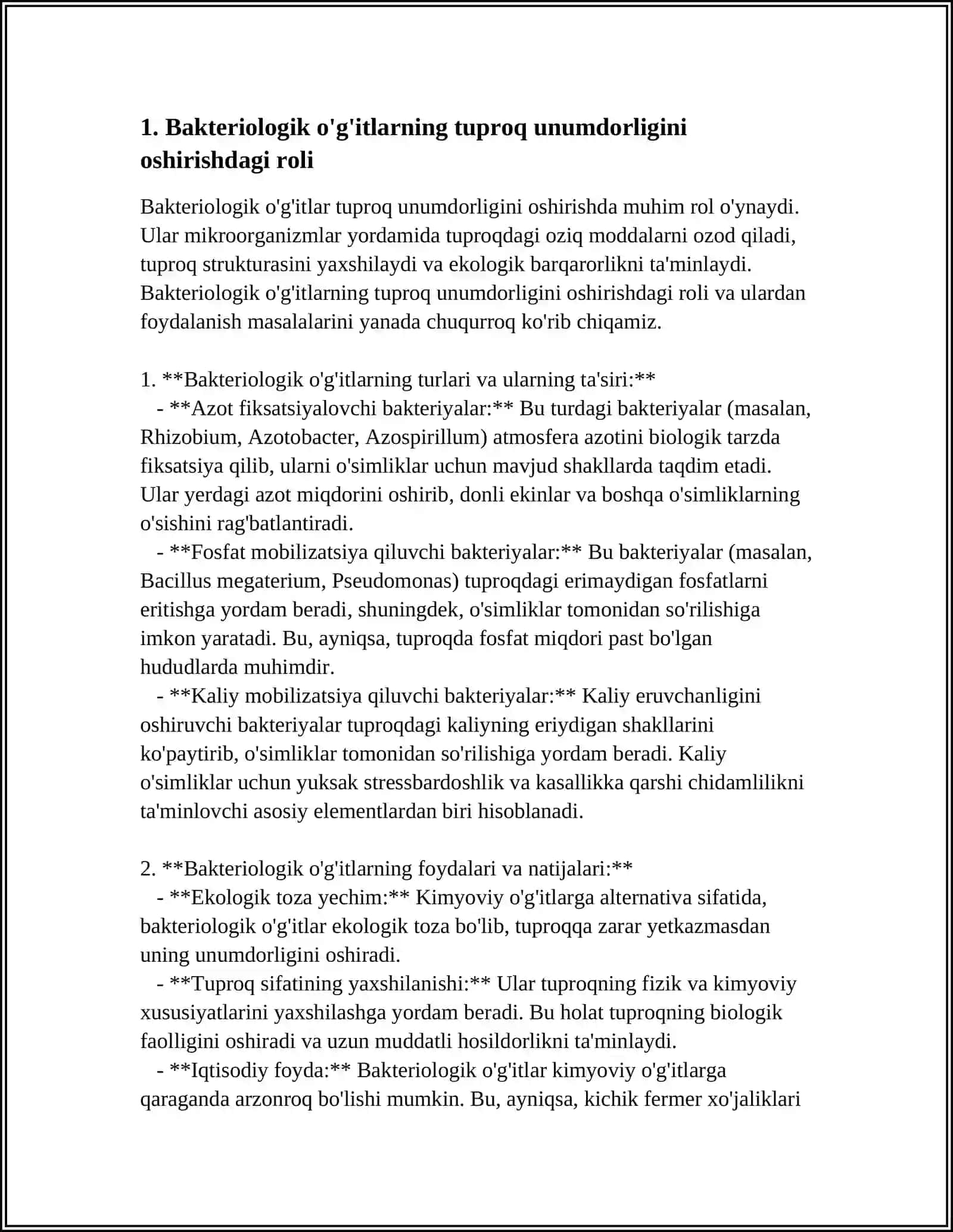 TUPROQ UNUMDORLIGINI OSHIRISHDA BAKTERIOLOGIK O'G'ITLARNI QO'LLASH HAMDA MAZKUR O'G'ITLARNI MADANIY O'SIMLIKLARNI BIONAZORAT QILISHDAGI O'RNI 3