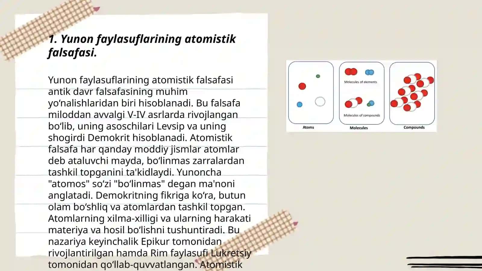 Yunon faylasuflarining atom va element to'g'risidagi tushunchalarni hozirgi zamon ma'lumotlari bilan taqqoslash 3