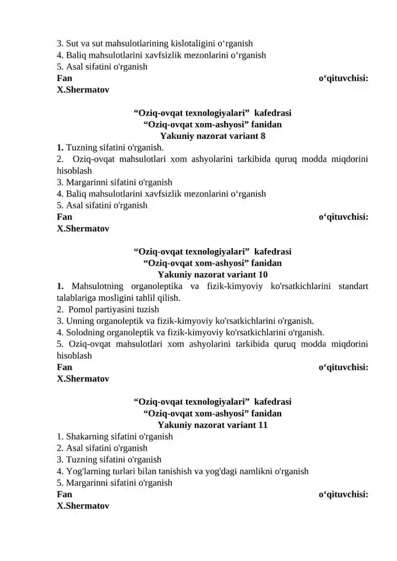 Oziq-ovqat xom-ashyosi fanidan Yakuniy nazorat variant 1 3