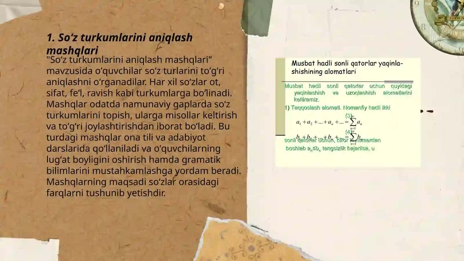 Grammatika.Grammatik maʼno ifodalovchi vositalarni matndan aniqlash.Oʻzbek va boshqa oʻrganilayotgan tillarni grammatik maʼnoning ifodalanishi nuqtai nazaridan taqqoslash.Soʻz tarkibini tekshirish va morfemalarni aniqlash.Grammatik kategoriyalarni turli tillarda ifodalanishi boʻyicha mashqlar bajarish 3