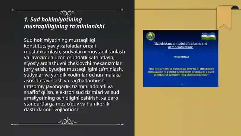 Sud hokimiyatining mustaqilligining taʼminlanishi, Sud tizimini modernizatsiya qilish va raqamlashtirish, Sudyalar va huquqshunos kadrlarning tanlovi va malaka oshirish 3