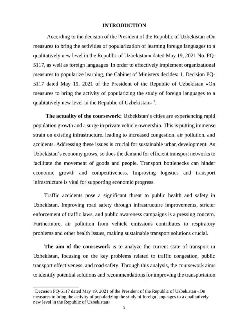 COURSE WORK THEME: TRANSPORT PROBLEMS IN UZBEKISTAN, TRAFFIC PROBLEMS AND SOLUTIONS, PUBLIC TRANSPORT, ROAD SAFETY. 3