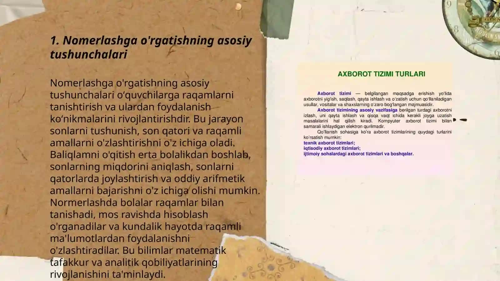 Nomerlashga o'rgatishga tayyorgarlik. Son va sanoq tushunchasini shakillantirish bosqichlari. O'nli sanoq sistemasi xususiyatlari va uning nomerlashga asos qilib olinishi 3